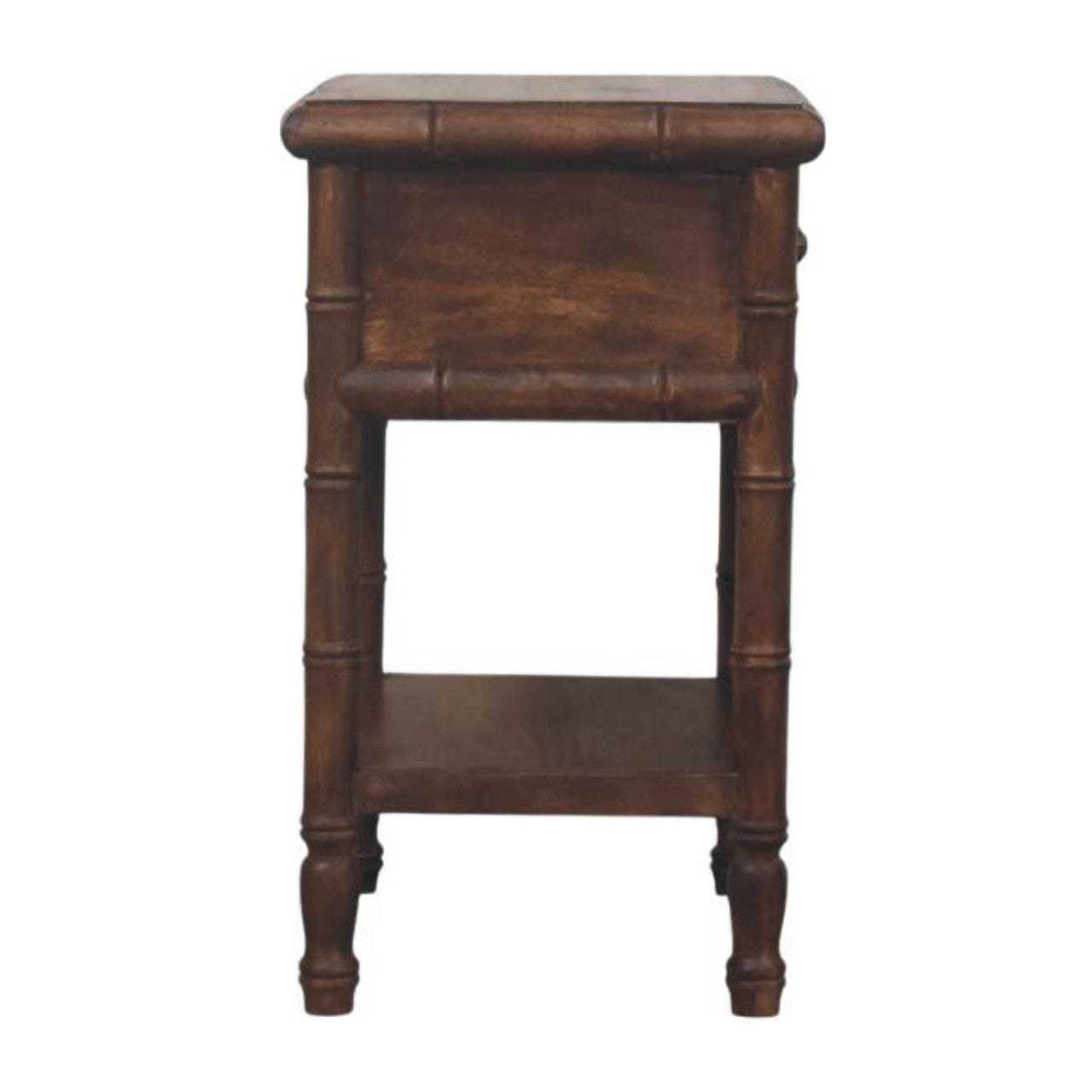 Carved Bamboo Nightstand - Solid Mango Wood Bedside Table for Bedroom - product view 8 showing handcrafted solid mango...