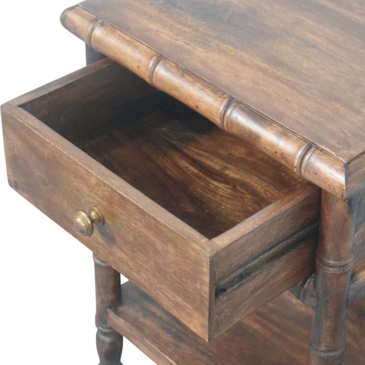 Carved Bamboo Nightstand - Solid Mango Wood Bedside Table for Bedroom - product view 6 showing handcrafted solid mango...