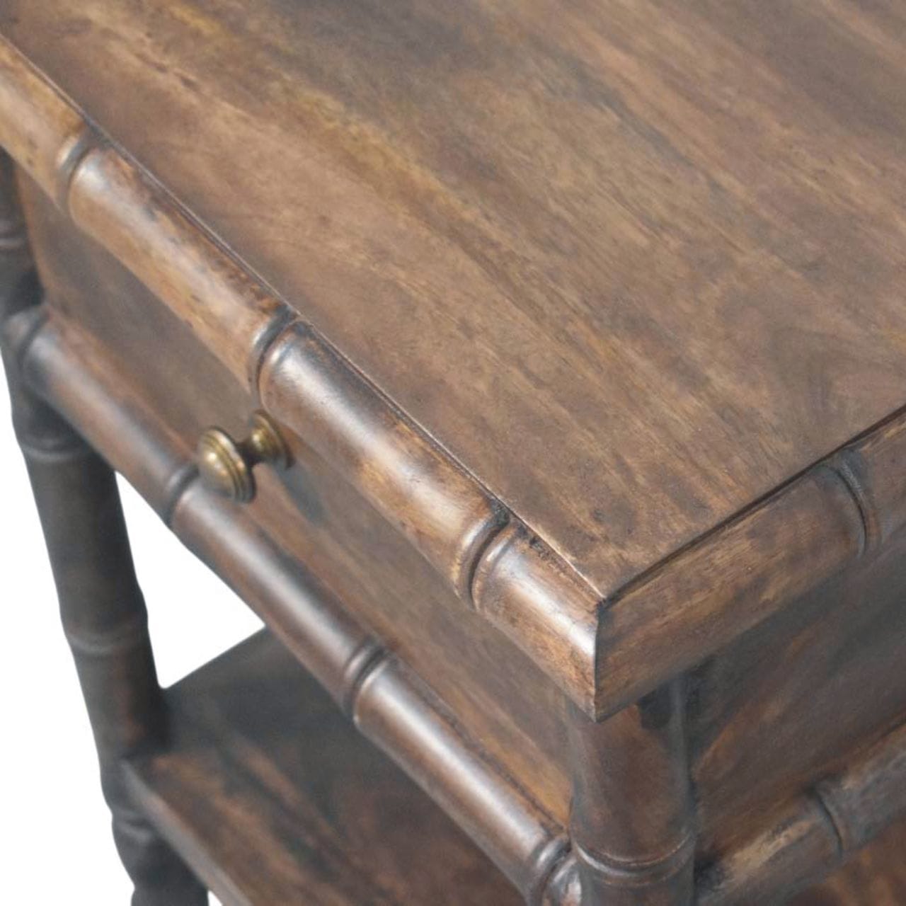 Carved Bamboo Nightstand - Solid Mango Wood Bedside Table for Bedroom - product view 5 showing handcrafted solid mango...