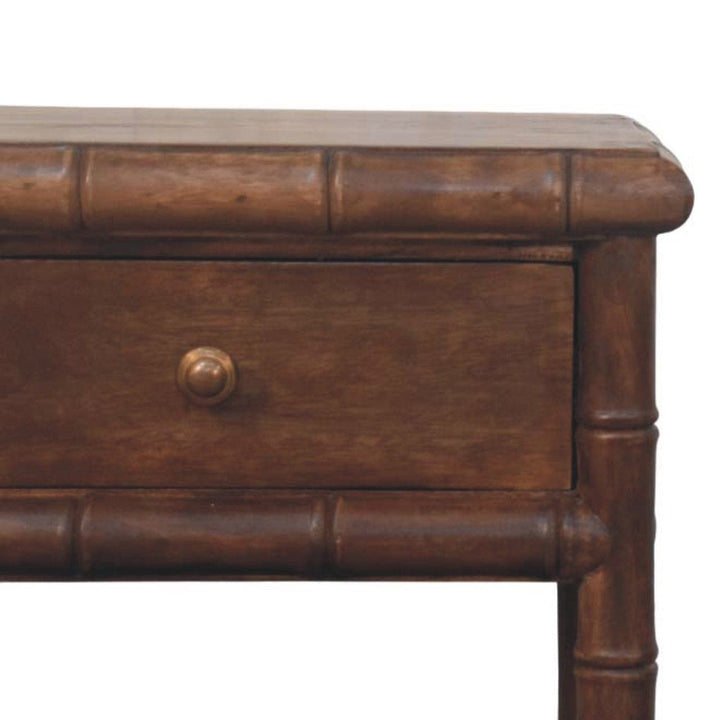 Carved Bamboo Nightstand - Solid Mango Wood Bedside Table for Bedroom - product view 4 showing handcrafted solid mango...