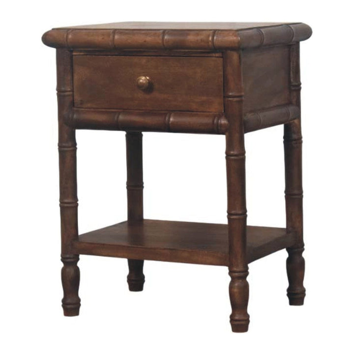Carved Bamboo Nightstand - Solid Mango Wood Bedside Table for Bedroom - product view 3 showing handcrafted solid mango...
