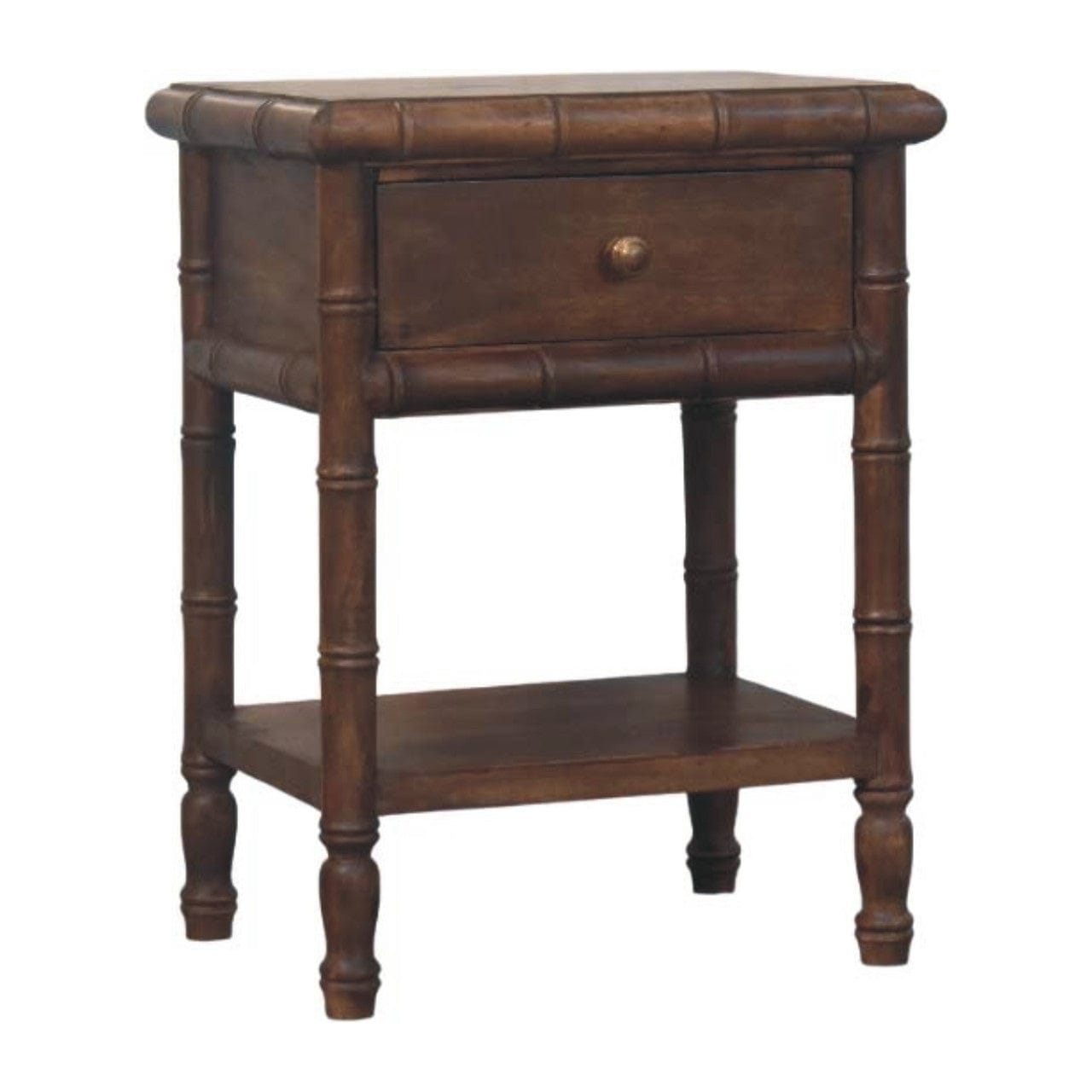 Carved Bamboo Nightstand - Solid Mango Wood Bedside Table for Bedroom - product view 2 showing handcrafted solid mango...