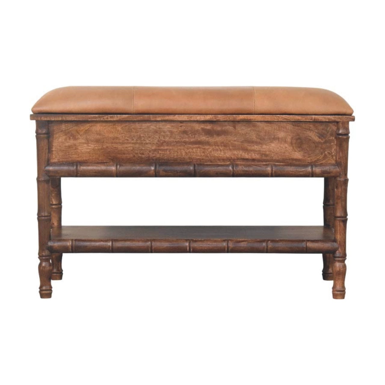 Carved Bamboo Storage Bench - Solid Mango Wood Entryway Bench with Storage - product view 9 showing handcrafted solid...