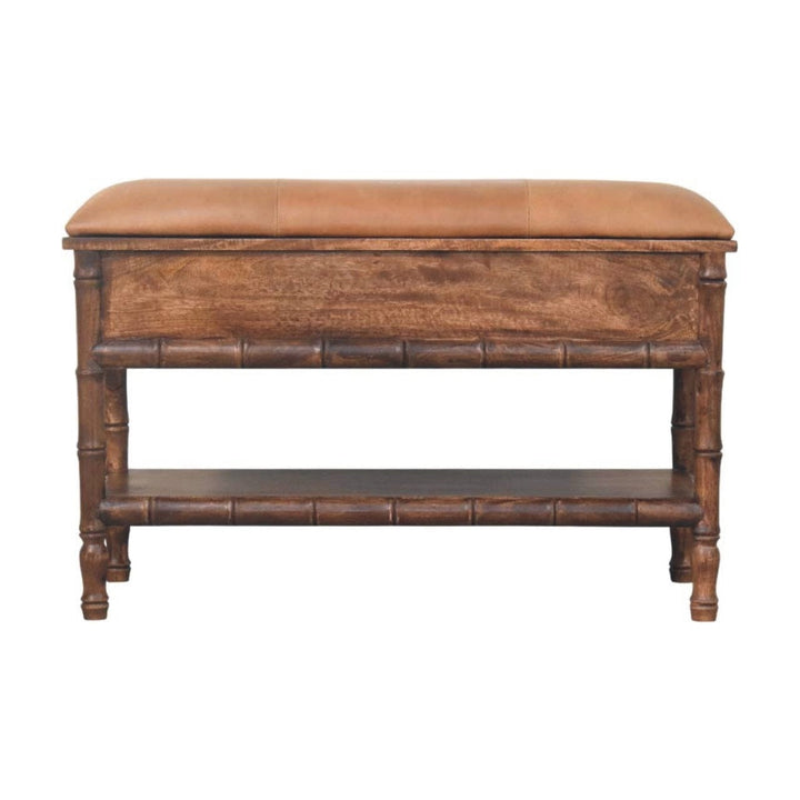 Carved Bamboo Storage Bench - Solid Mango Wood Entryway Bench with Storage - product view 9 showing handcrafted solid...