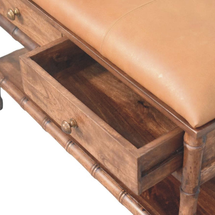 Carved Bamboo Storage Bench - Solid Mango Wood Entryway Bench with Storage - product view 6 showing handcrafted solid...
