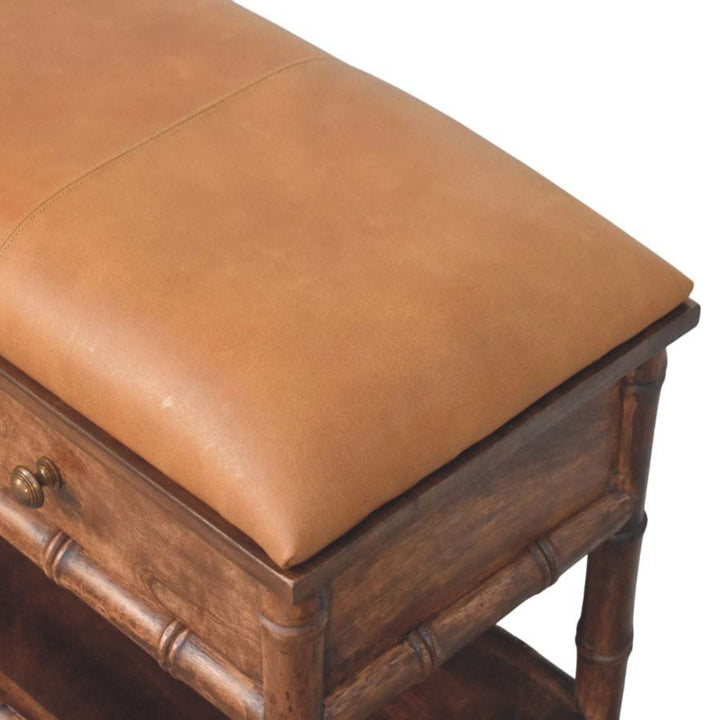 Carved Bamboo Storage Bench - Solid Mango Wood Entryway Bench with Storage - product view 5 showing handcrafted solid...