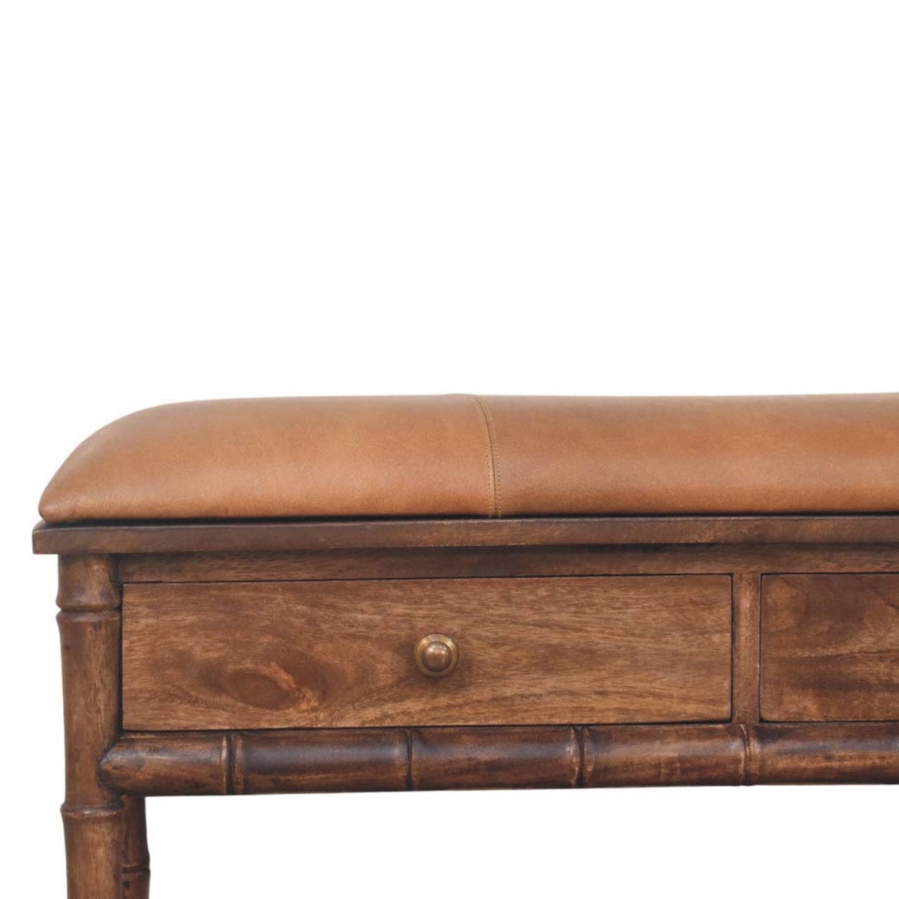 Carved Bamboo Storage Bench - Solid Mango Wood Entryway Bench with Storage - product view 4 showing handcrafted solid...