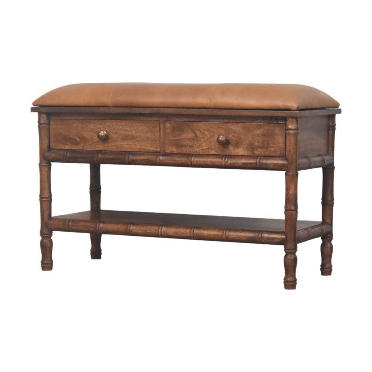 Carved Bamboo Storage Bench - Solid Mango Wood Entryway Bench with Storage - product view 3 showing handcrafted solid...