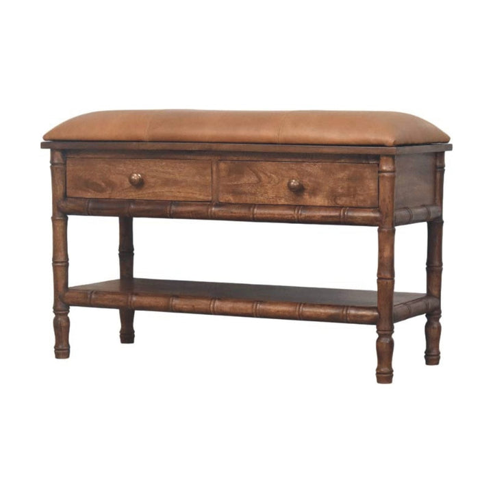 Carved Bamboo Storage Bench - Solid Mango Wood Entryway Bench with Storage - product view 3 showing handcrafted solid...