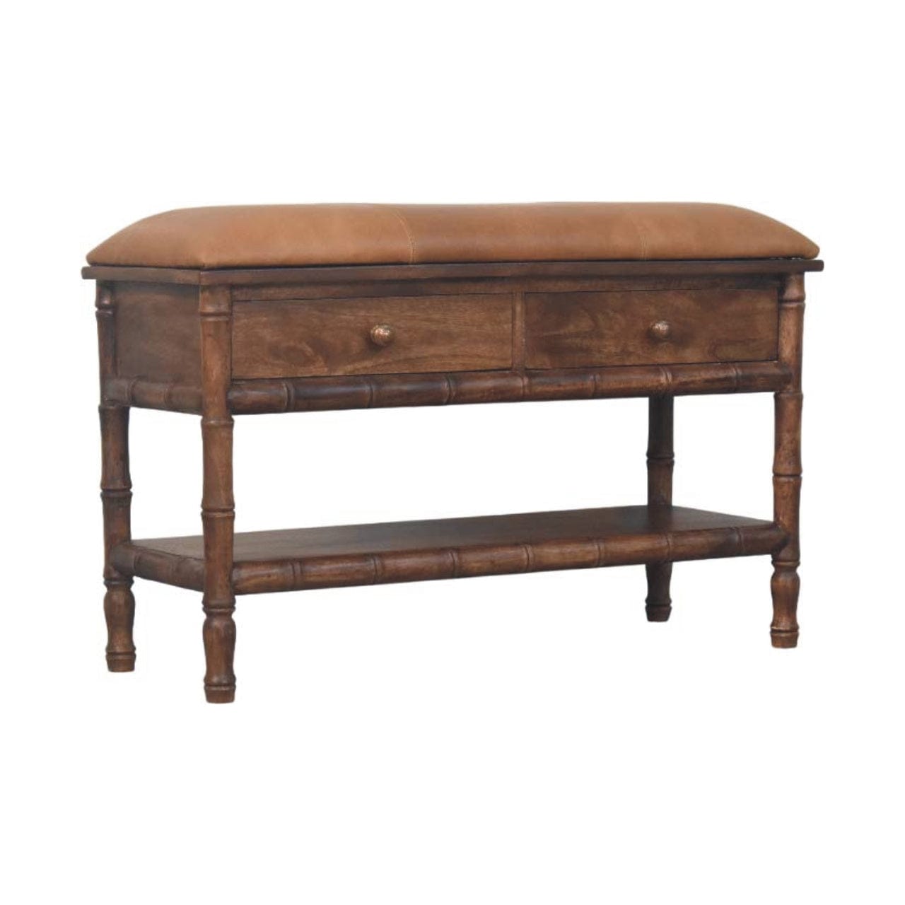 Carved Bamboo Storage Bench - Solid Mango Wood Entryway Bench with Storage - product view 2 showing handcrafted solid...