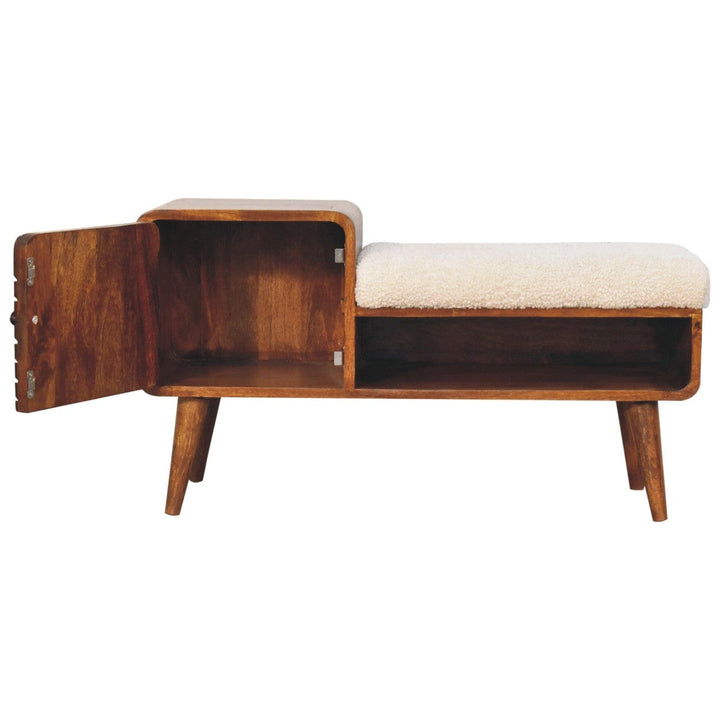 Carved Boucle Chestnut Entryway Bench - Solid Mango Wood Seating Furniture for Entryway - product view 6 showing...