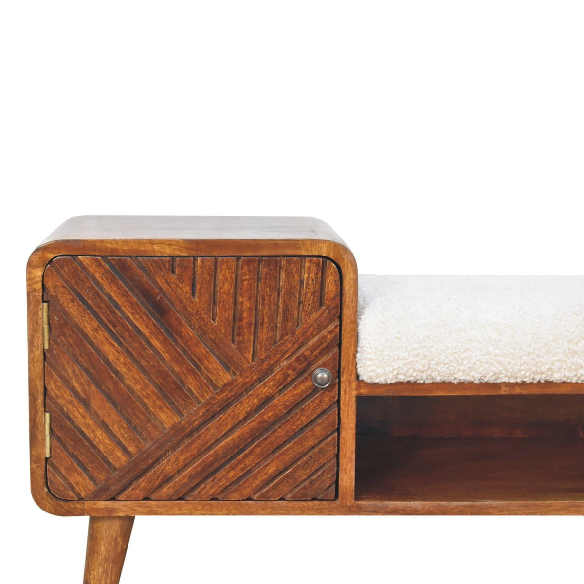 Carved Boucle Chestnut Entryway Bench - Solid Mango Wood Seating Furniture for Entryway - product view 4 showing...