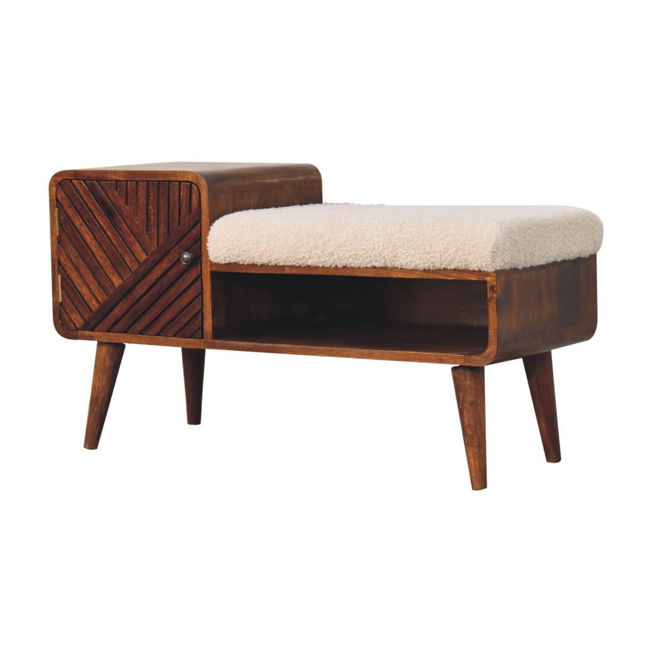 Carved Boucle Chestnut Entryway Bench - Solid Mango Wood Seating Furniture for Entryway - product view 2 showing...