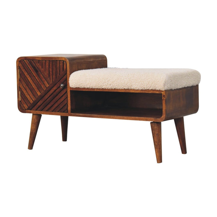 Carved Boucle Chestnut Entryway Bench - Solid Mango Wood Seating Furniture for Entryway - product view 2 showing...
