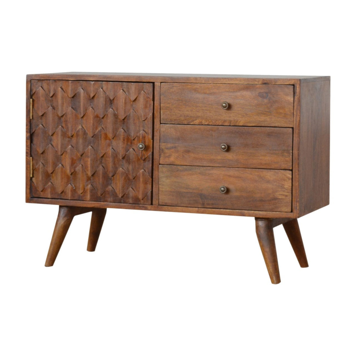 Carved Chestnut Sideboard - Solid Mango Wood Buffet Cabinet for Dining Room - product view 7 showing handcrafted solid...