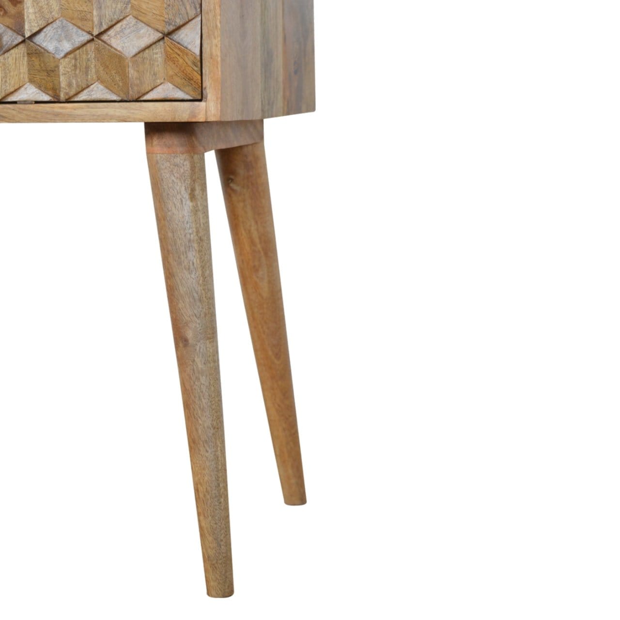 Carved Cube 1 Drawer Nightstand - Solid Mango Wood Bedside Table for Bedroom - product view 6 showing handcrafted solid...