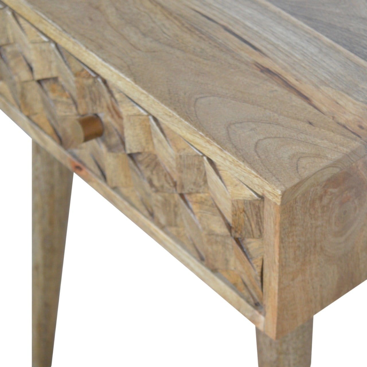 Carved Cube 1 Drawer Nightstand - Solid Mango Wood Bedside Table for Bedroom - product view 5 showing handcrafted solid...