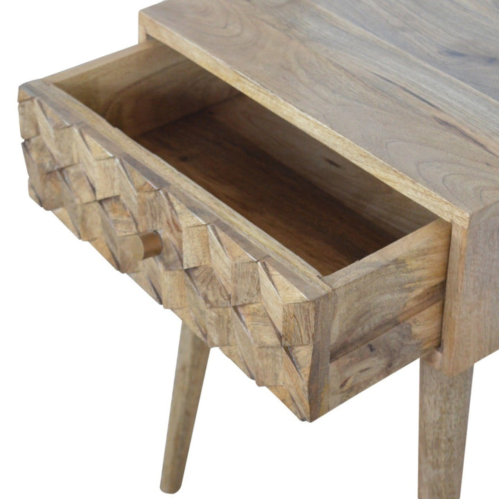 Carved Cube 1 Drawer Nightstand - Solid Mango Wood Bedside Table for Bedroom - product view 4 showing handcrafted solid...