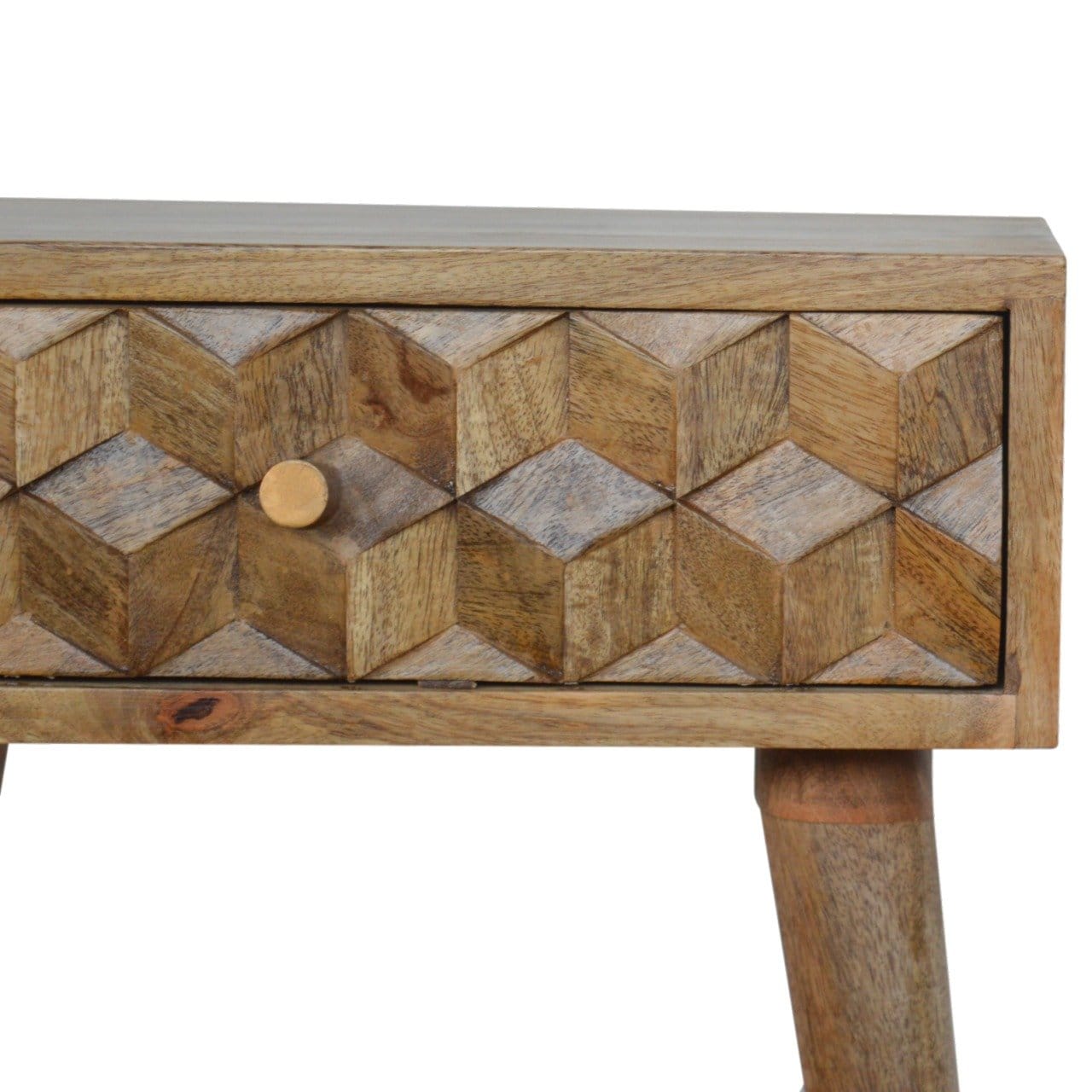Carved Cube 1 Drawer Nightstand - Solid Mango Wood Bedside Table for Bedroom - product view 3 showing handcrafted solid...
