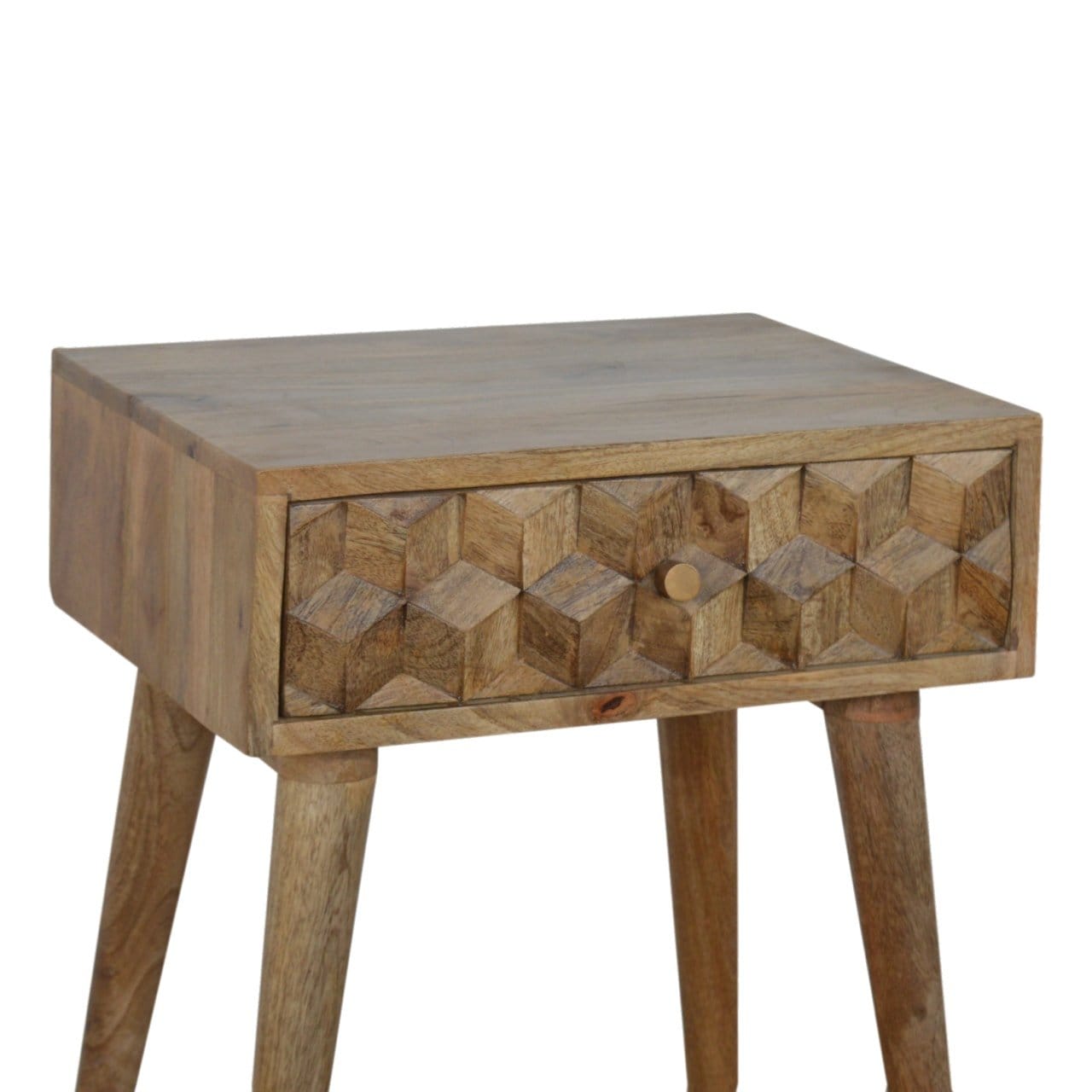 Carved Cube 1 Drawer Nightstand - Solid Mango Wood Bedside Table for Bedroom - product view 2 showing handcrafted solid...