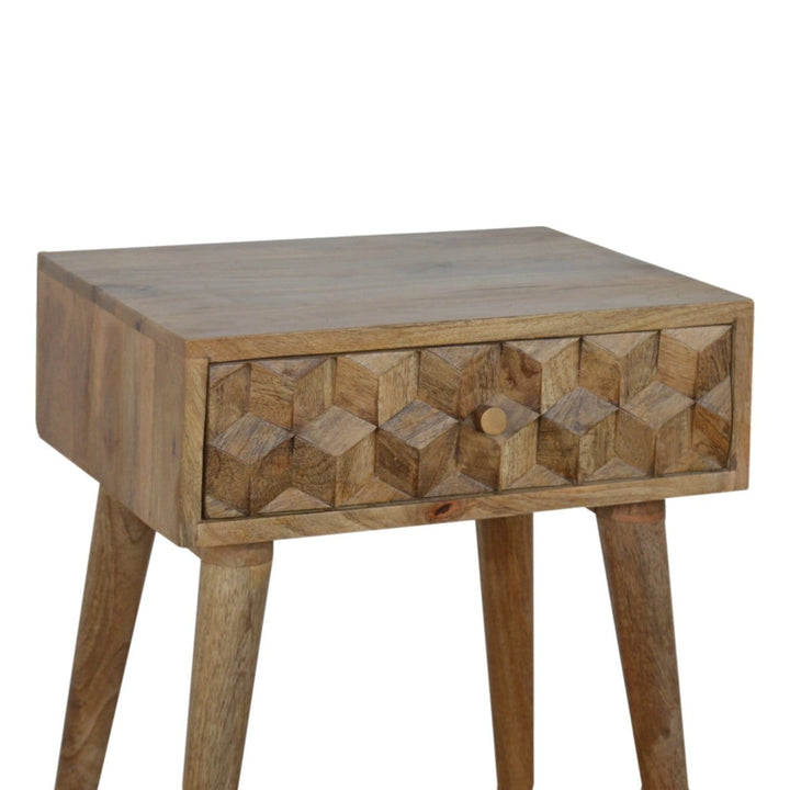 Carved Cube 1 Drawer Nightstand - Solid Mango Wood Bedside Table for Bedroom - product view 2 showing handcrafted solid...