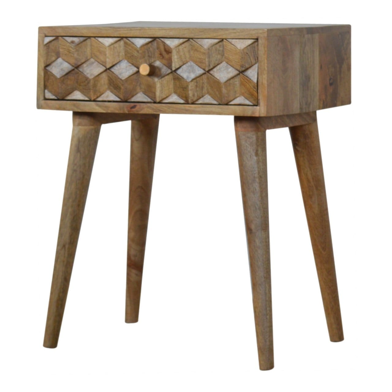 Carved Cube 1 Drawer Nightstand - Solid Mango Wood Bedside Table for Bedroom - main view showing handcrafted solid mango...