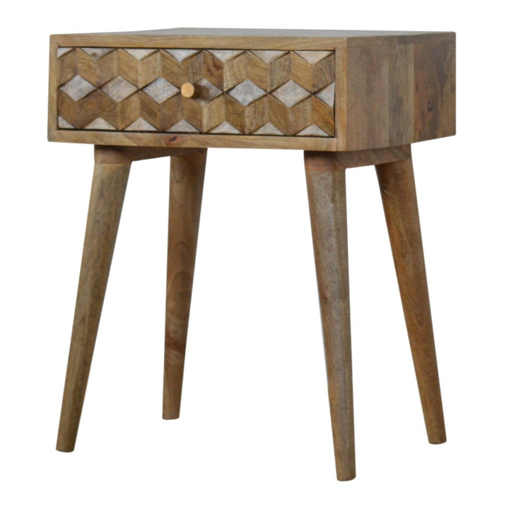 Carved Cube 1 Drawer Nightstand - Solid Mango Wood Bedside Table for Bedroom - main view showing handcrafted solid mango...