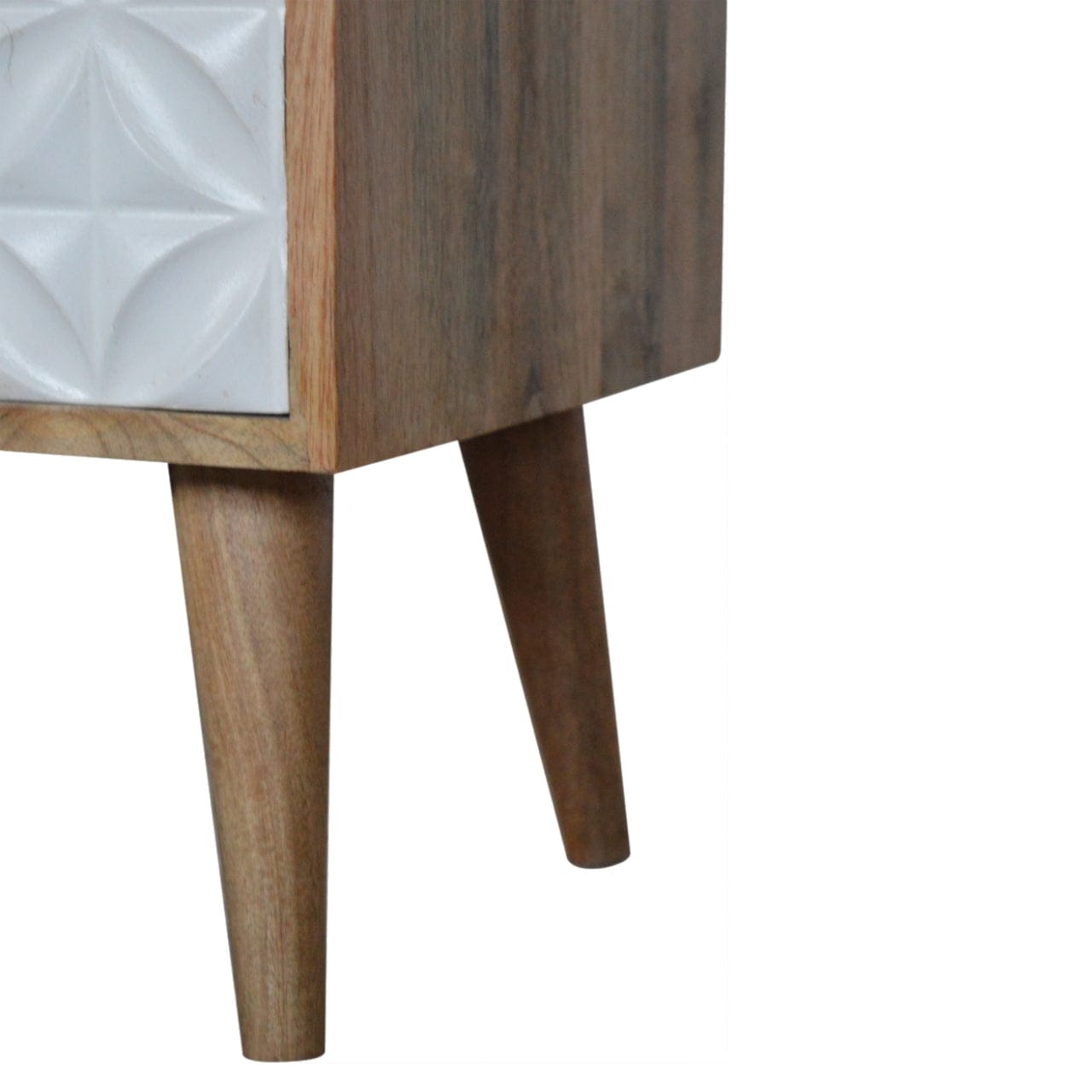 Carved Daisy 1 Door Nightstand - Solid Mango Wood Bedside Table for Bedroom - product view 6 showing handcrafted solid...