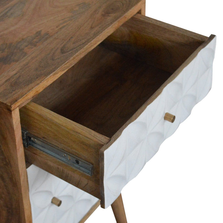Carved Daisy 1 Door Nightstand - Solid Mango Wood Bedside Table for Bedroom - product view 4 showing handcrafted solid...
