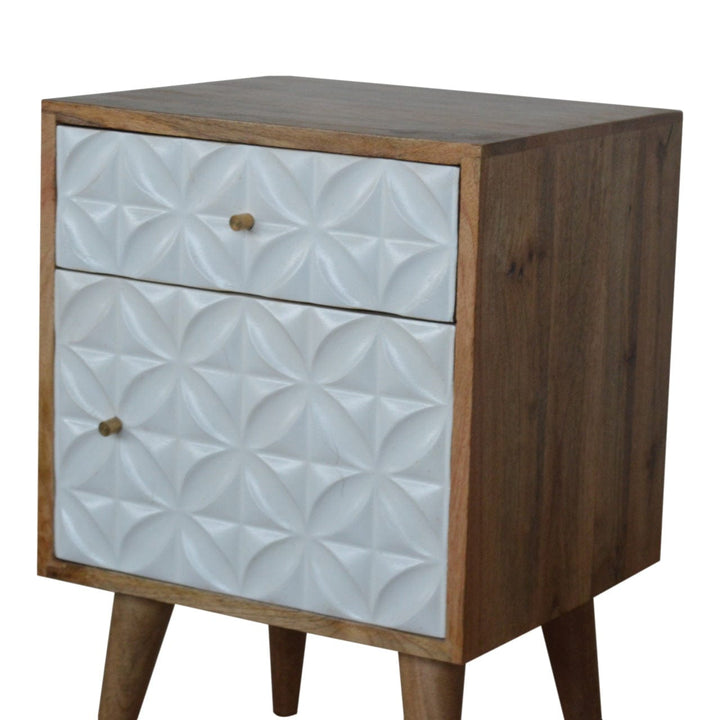 Carved Daisy 1 Door Nightstand - Solid Mango Wood Bedside Table for Bedroom - product view 3 showing handcrafted solid...