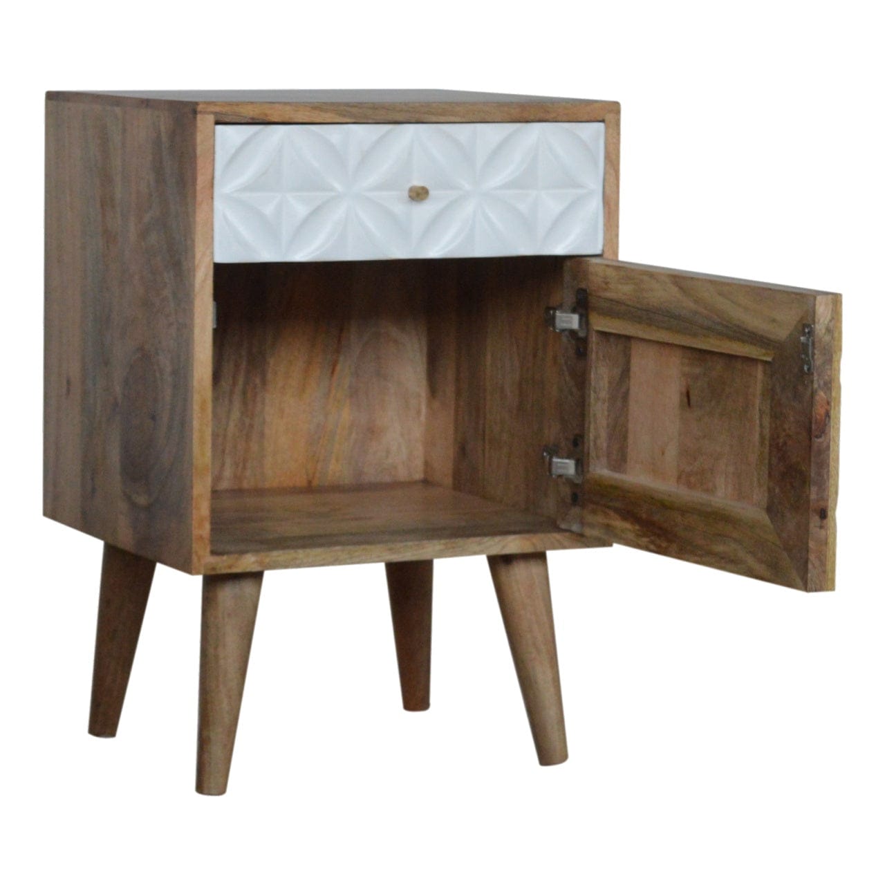 Carved Daisy 1 Door Nightstand - Solid Mango Wood Bedside Table for Bedroom - product view 2 showing handcrafted solid...