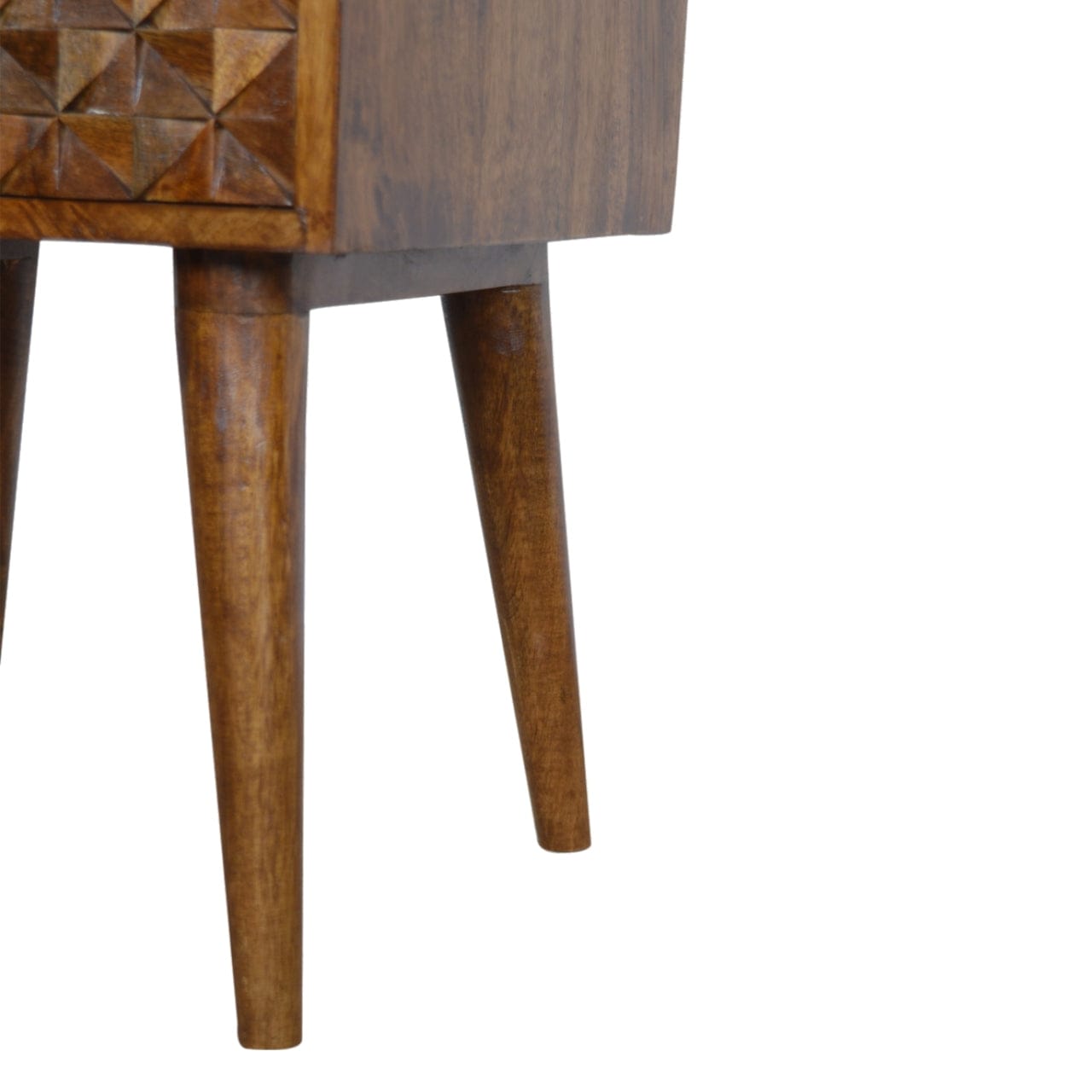 Carved Diamond Chestnut Nightstand - Solid Mango Wood Bedside Table for Bedroom - product view 6 showing handcrafted...