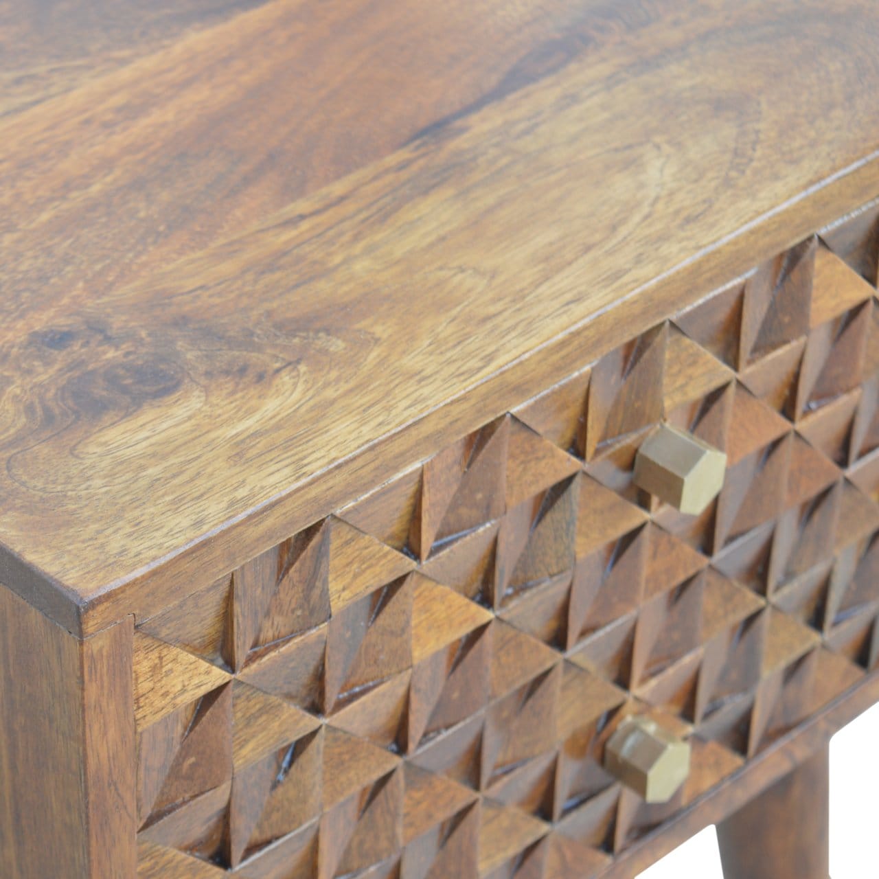 Carved Diamond Chestnut Nightstand - Solid Mango Wood Bedside Table for Bedroom - product view 5 showing handcrafted...
