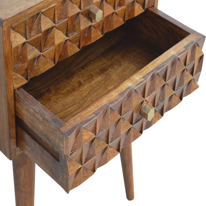 Carved Diamond Chestnut Nightstand - Solid Mango Wood Bedside Table for Bedroom - product view 4 showing handcrafted...