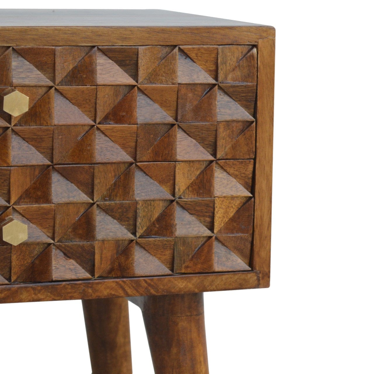 Carved Diamond Chestnut Nightstand - Solid Mango Wood Bedside Table for Bedroom - product view 3 showing handcrafted...