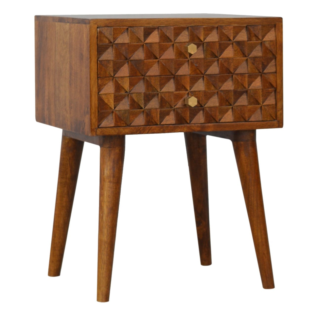 Carved Diamond Chestnut Nightstand - Solid Mango Wood Bedside Table for Bedroom - product view 2 showing handcrafted...