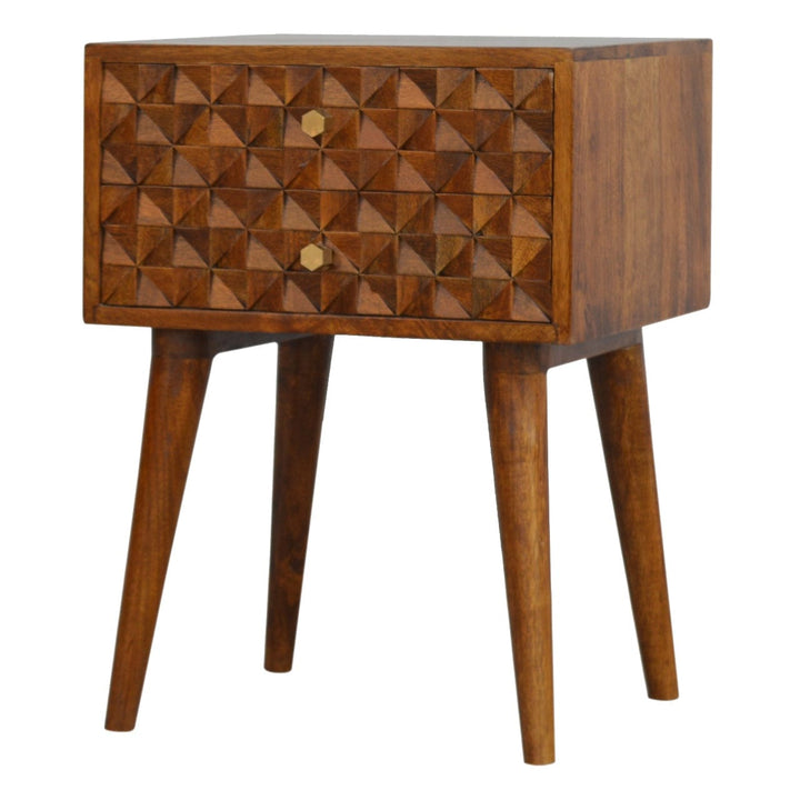 Carved Diamond Chestnut Nightstand - Solid Mango Wood Bedside Table for Bedroom - main view showing handcrafted solid...
