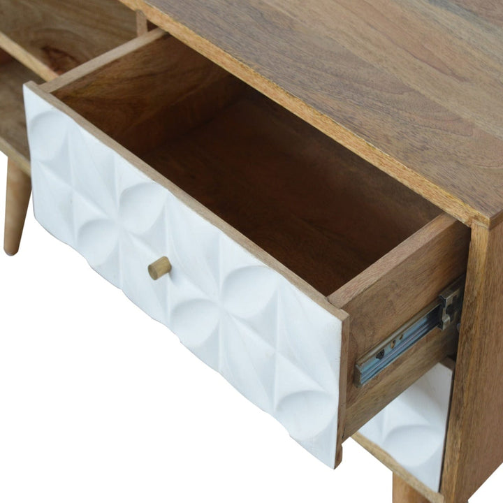 Carved Diamond TV Stand - Solid Mango Wood Entertainment Center for Living Room - product view 6 showing handcrafted...