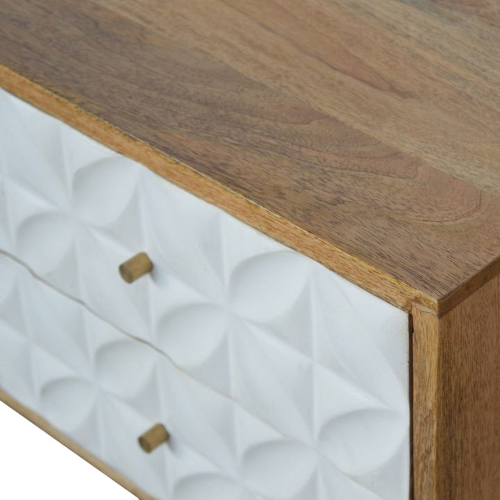 Carved Diamond TV Stand - Solid Mango Wood Entertainment Center for Living Room - product view 4 showing handcrafted...