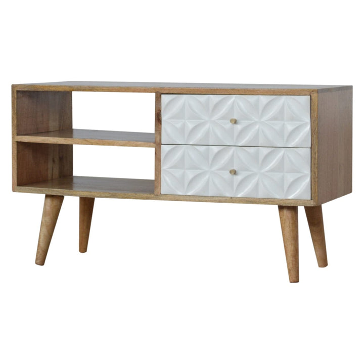 Carved Diamond TV Stand - Solid Mango Wood Entertainment Center for Living Room - main view showing handcrafted solid...