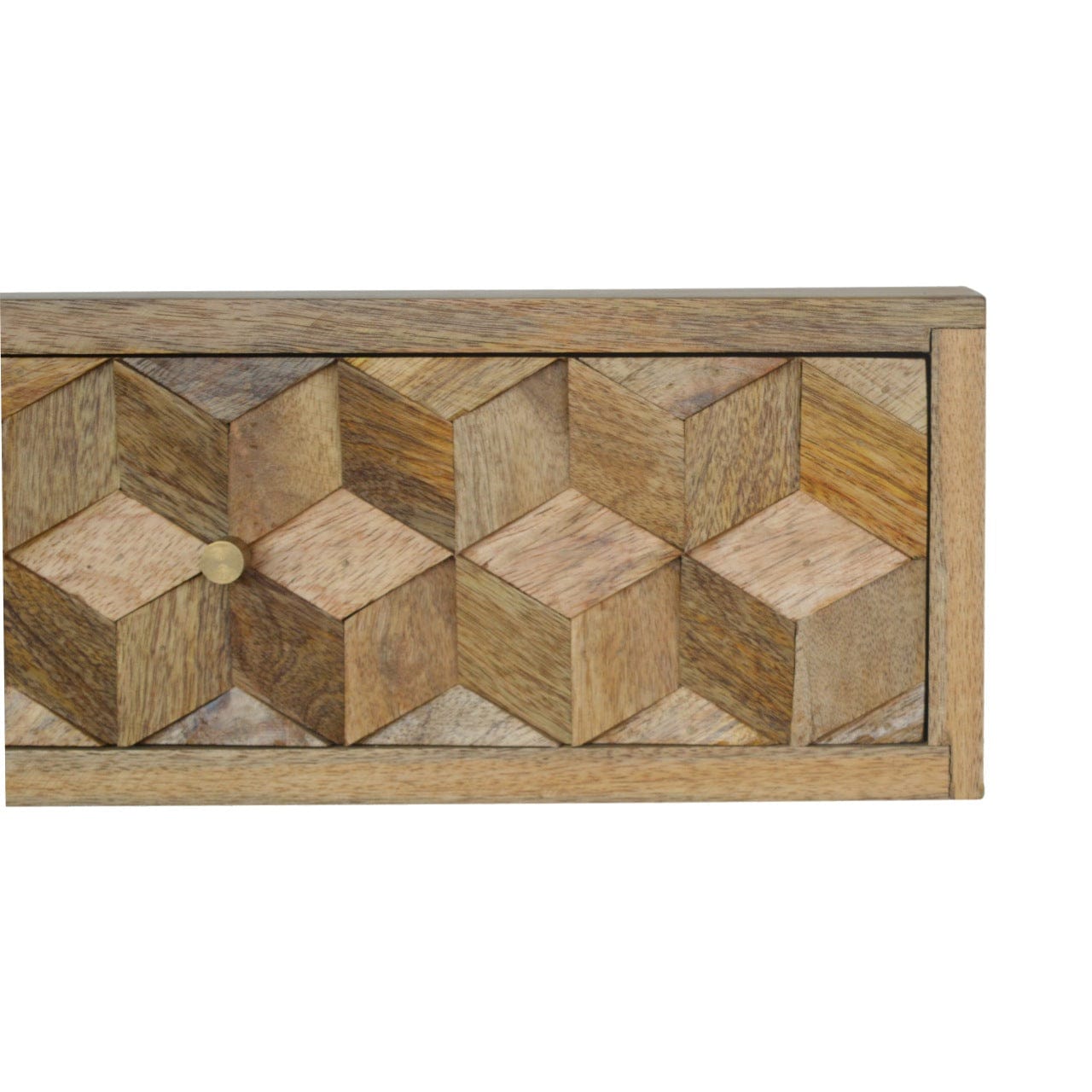 Carved Floating Cube Nightstand - Solid Mango Wood Bedside Table for Bedroom - product view 5 showing handcrafted solid...