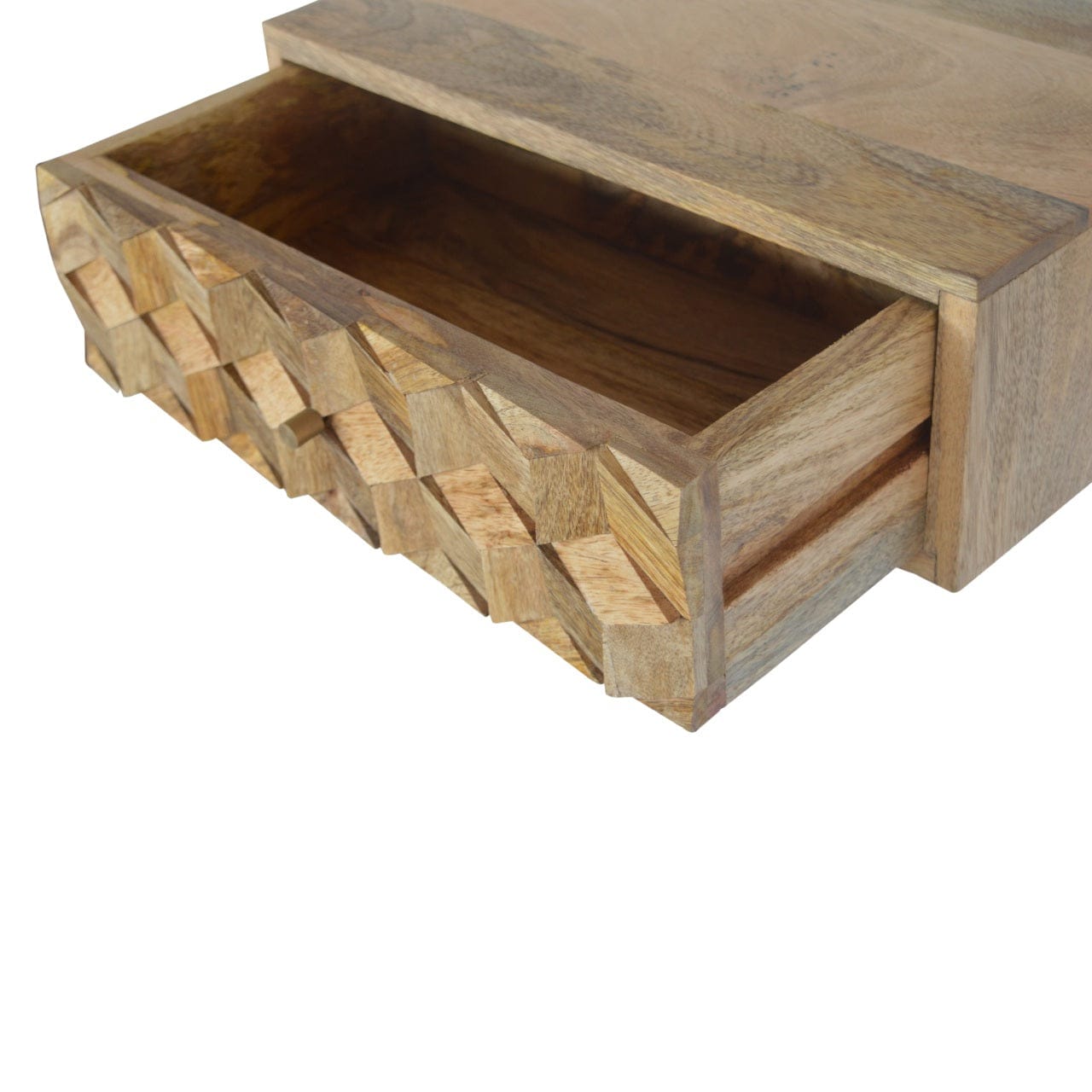 Carved Floating Cube Nightstand - Solid Mango Wood Bedside Table for Bedroom - product view 4 showing handcrafted solid...