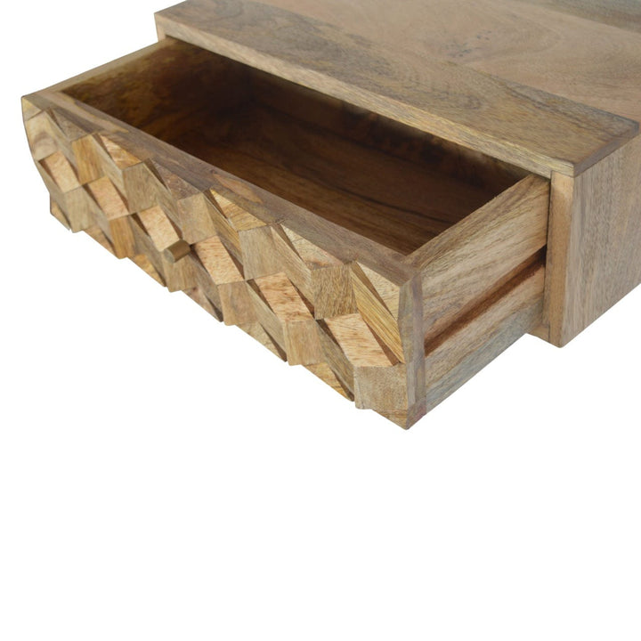 Carved Floating Cube Nightstand - Solid Mango Wood Bedside Table for Bedroom - product view 4 showing handcrafted solid...