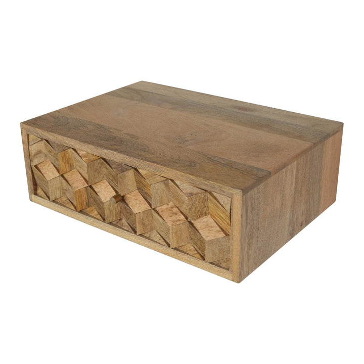 Carved Floating Cube Nightstand - Solid Mango Wood Bedside Table for Bedroom - product view 3 showing handcrafted solid...