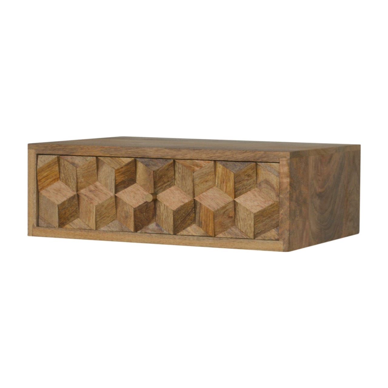 Carved Floating Cube Nightstand - Solid Mango Wood Bedside Table for Bedroom - product view 2 showing handcrafted solid...