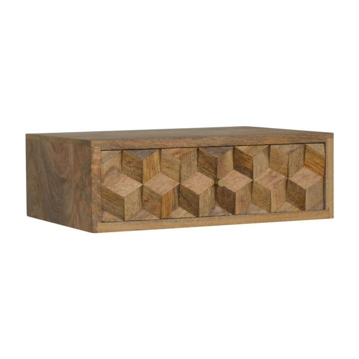 Carved Floating Cube Nightstand - Solid Mango Wood Bedside Table for Bedroom - main view showing handcrafted solid mango...