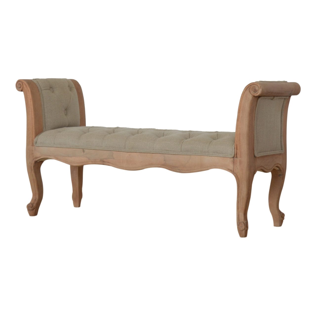 Carved French Style Mud Linen Bench - Solid Mango Wood Seating Furniture for Entryway - main view showing handcrafted...
