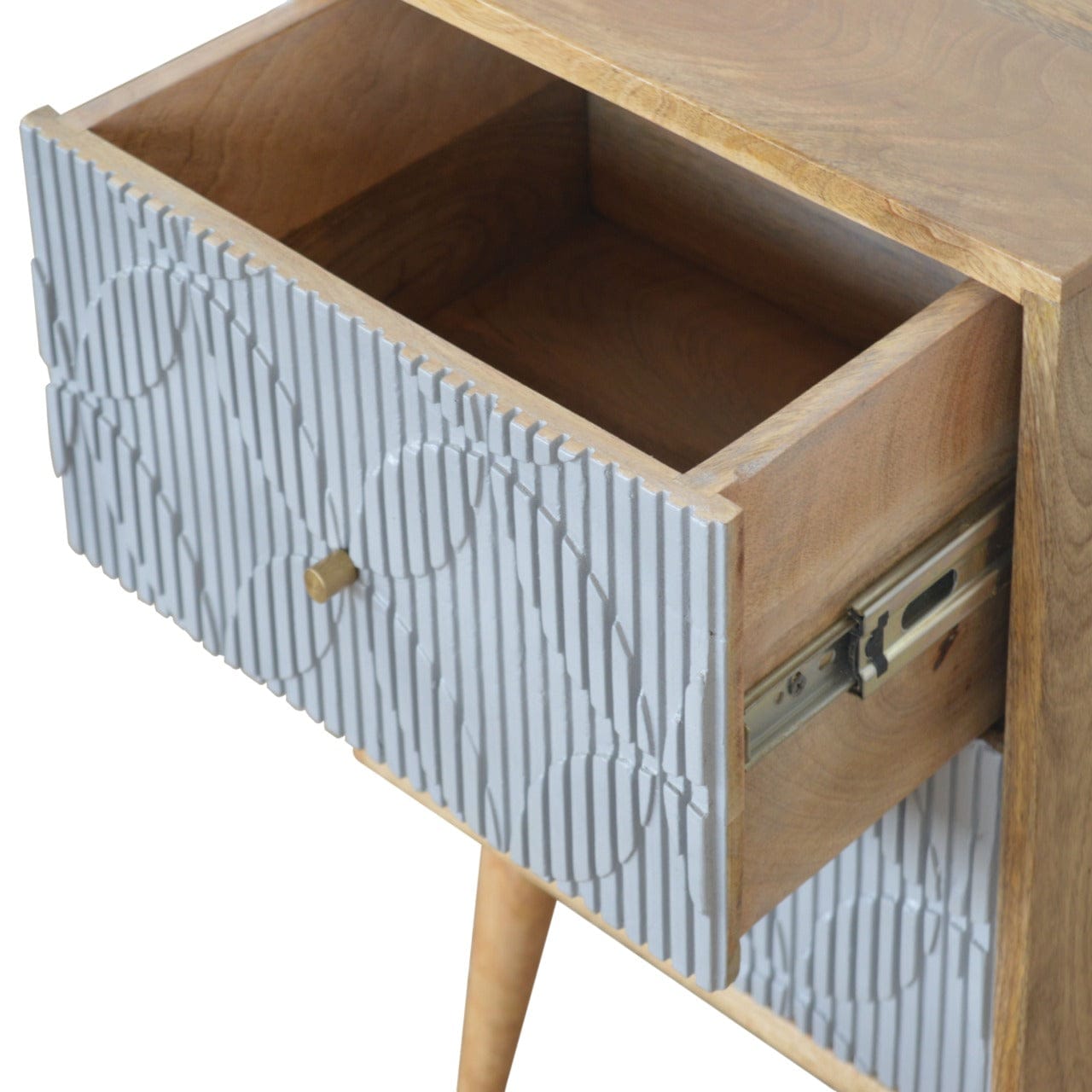 Carved Geometric Nightstand - Solid Mango Wood Bedside Table for Bedroom - product view 4 showing handcrafted solid mango...