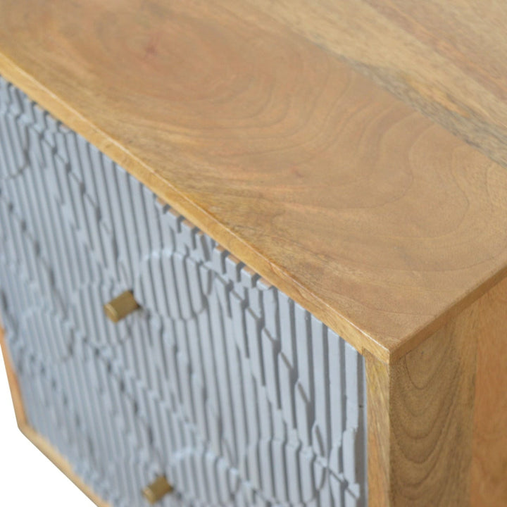 Carved Geometric Nightstand - Solid Mango Wood Bedside Table for Bedroom - product view 3 showing handcrafted solid mango...