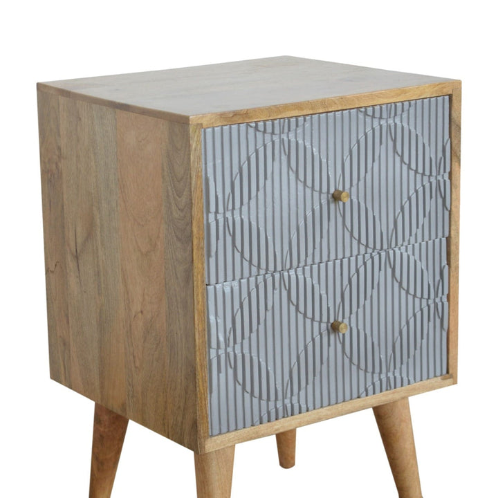 Carved Geometric Nightstand - Solid Mango Wood Bedside Table for Bedroom - product view 2 showing handcrafted solid mango...
